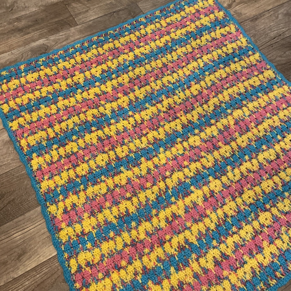 Handmade Crochet Multicolor Throw Blanket‎ 40x42" Pink Yellow Blue